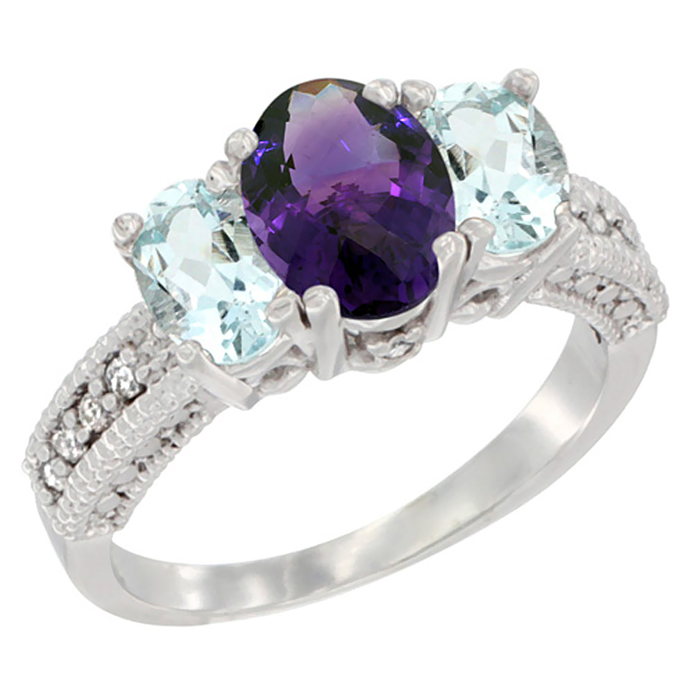 14K White Gold Diamond Natural Amethyst Ring Oval 3-stone with Aquamarine, sizes 5 - 10