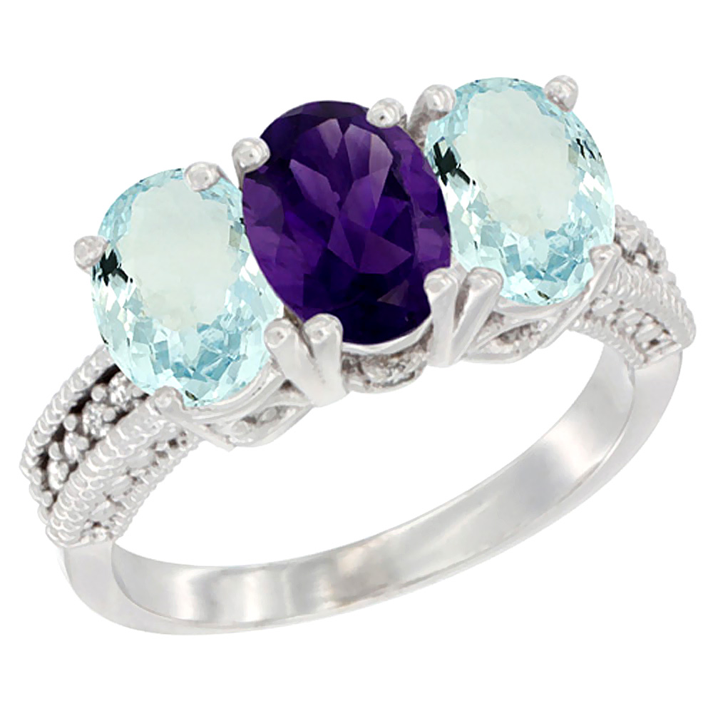 10K White Gold Natural Amethyst &amp; Aquamarine Sides Ring 3-Stone Oval 7x5 mm Diamond Accent, sizes 5 - 10