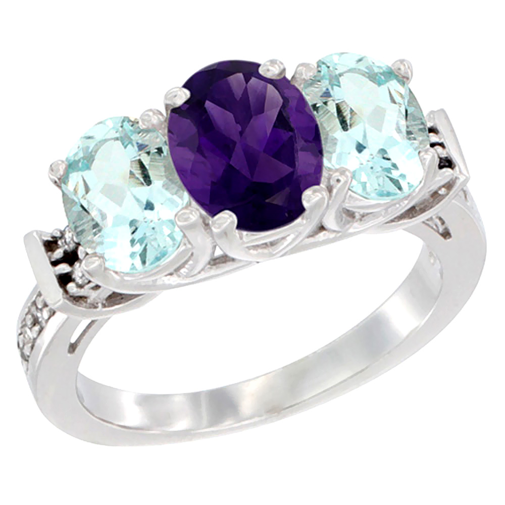 10K White Gold Natural Amethyst & Aquamarine Sides Ring 3-Stone Oval Diamond Accent, sizes 5 - 10