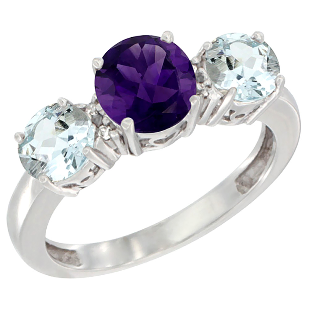 14K White Gold Round 3-Stone Natural Amethyst Ring & Aquamarine Sides Diamond Accent, sizes 5 - 10