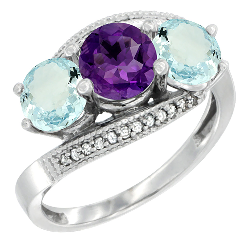 10K White Gold Natural Amethyst & Aquamarine Sides 3 stone Ring Round 6mm Diamond Accent, sizes 5 - 10