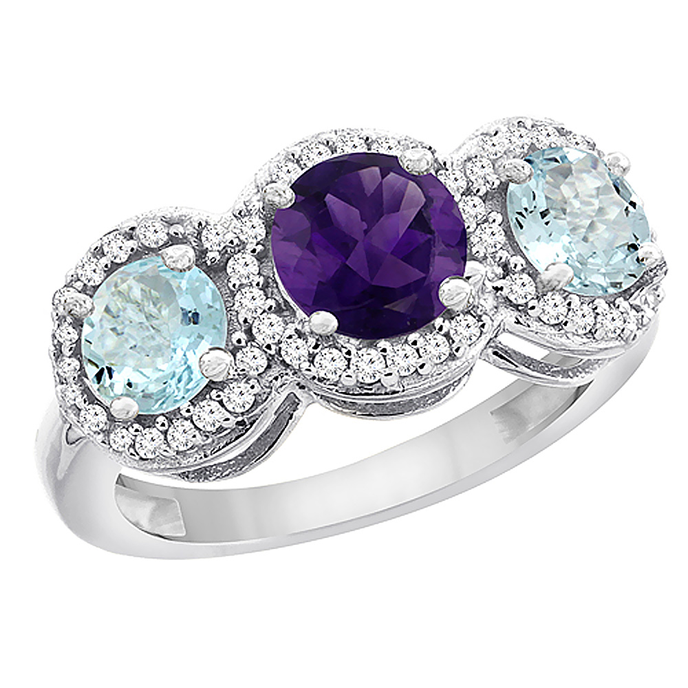 10K White Gold Natural Amethyst & Aquamarine Sides Round 3-stone Ring Diamond Accents, sizes 5 - 10