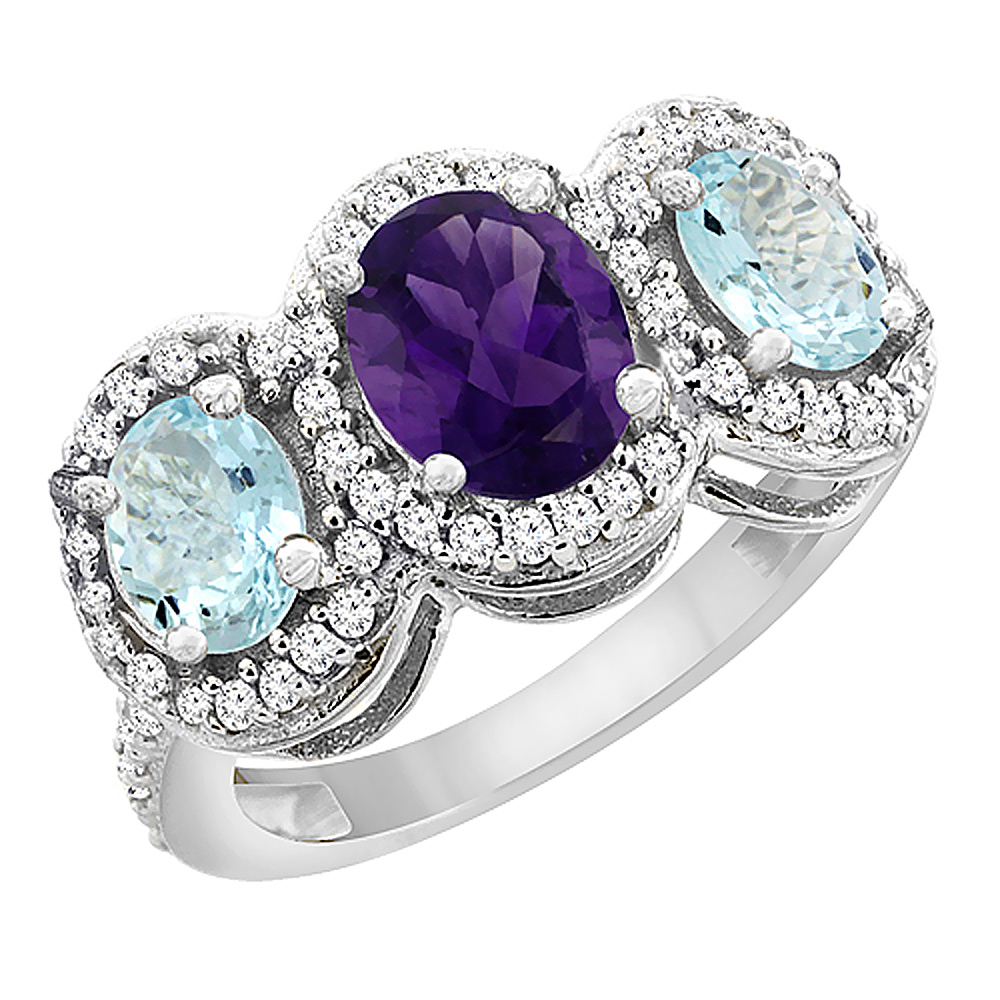 10K White Gold Natural Amethyst &amp; Aquamarine 3-Stone Ring Oval Diamond Accent, sizes 5 - 10