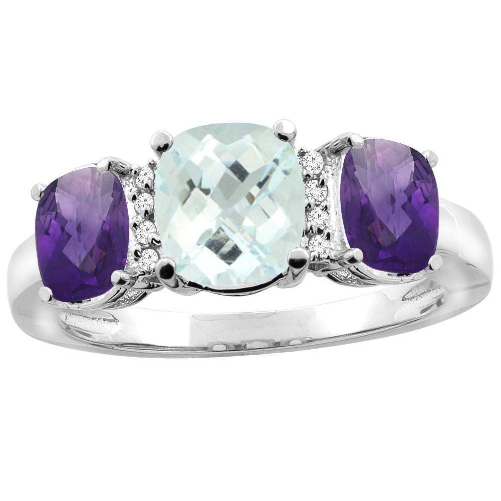 10K White Gold Natural Aquamarine & Amethyst 3-stone Ring Cushion 8x6mm Diamond Accent, sizes 5 - 10