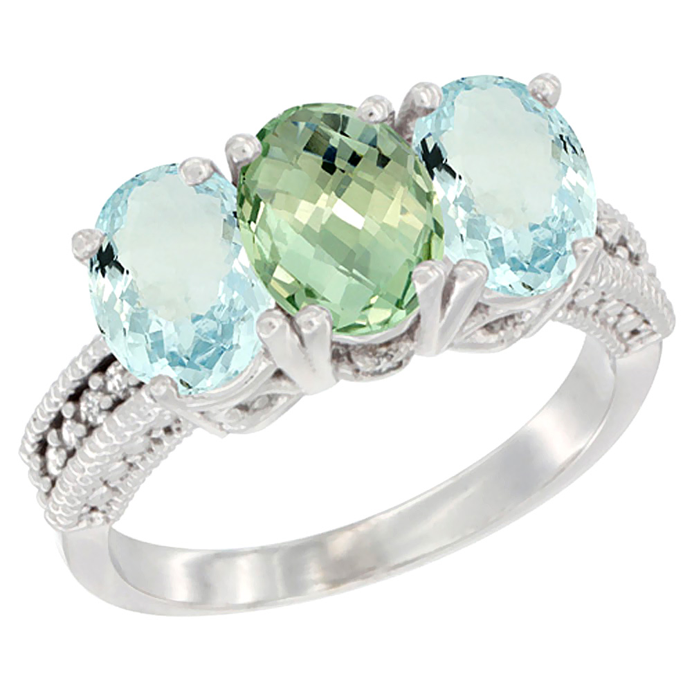 14K White Gold Natural Green Amethyst &amp; Aquamarine Sides Ring 3-Stone Oval 7x5 mm Diamond Accent, sizes 5 - 10