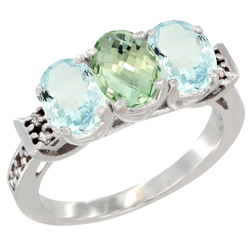 10K White Gold Natural Green Amethyst &amp; Aquamarine Sides Ring 3-Stone Oval 7x5 mm Diamond Accent, sizes 5 - 10