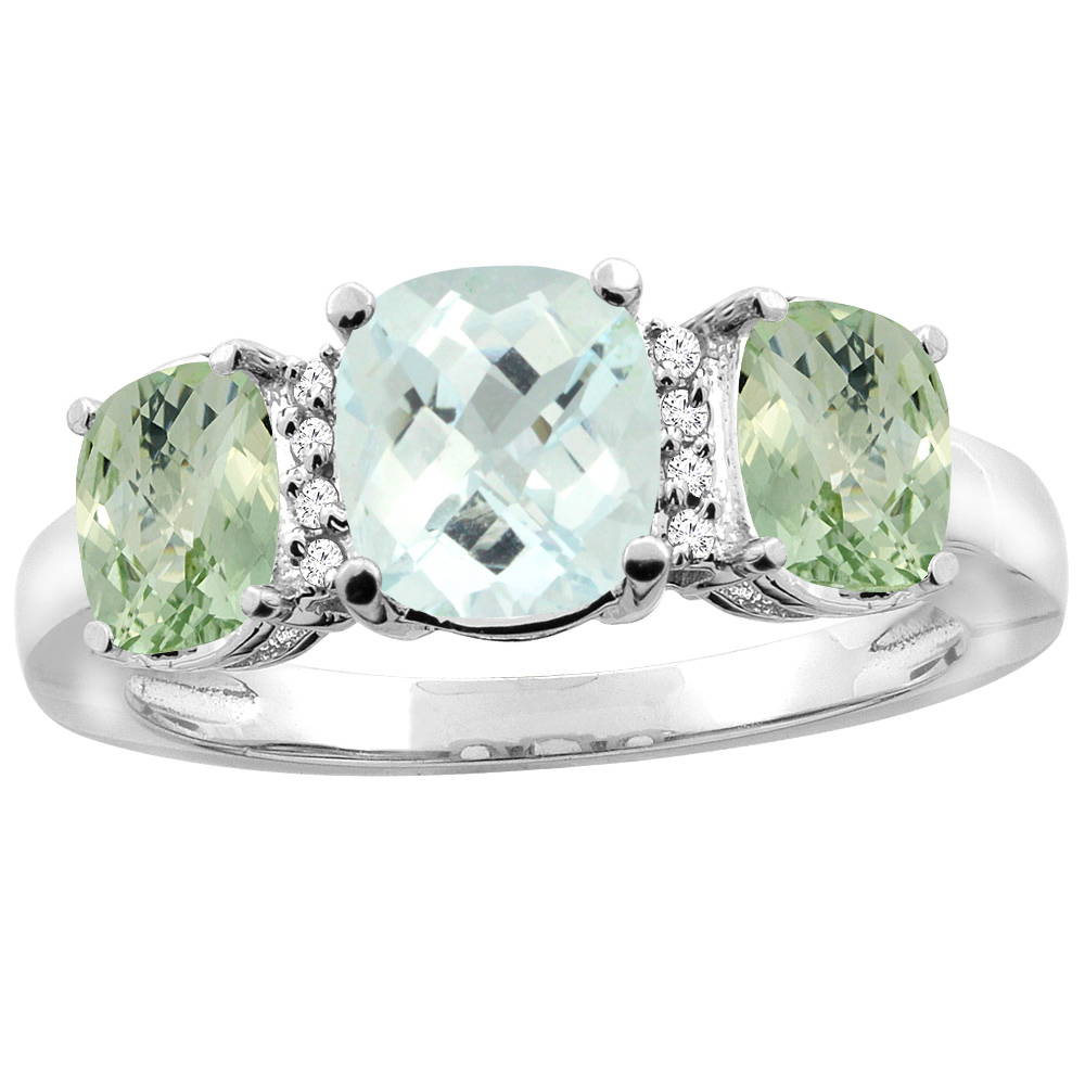 14K Yellow Gold Natural Aquamarine & Green Amethyst 3-Stone Ring Cushion 8x6mm Diamond Accent, sizes 5 - 10