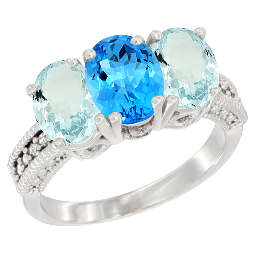 10K White Gold Natural Swiss Blue Topaz & Aquamarine Sides Ring 3-Stone Oval 7x5 mm Diamond Accent, sizes 5 - 10