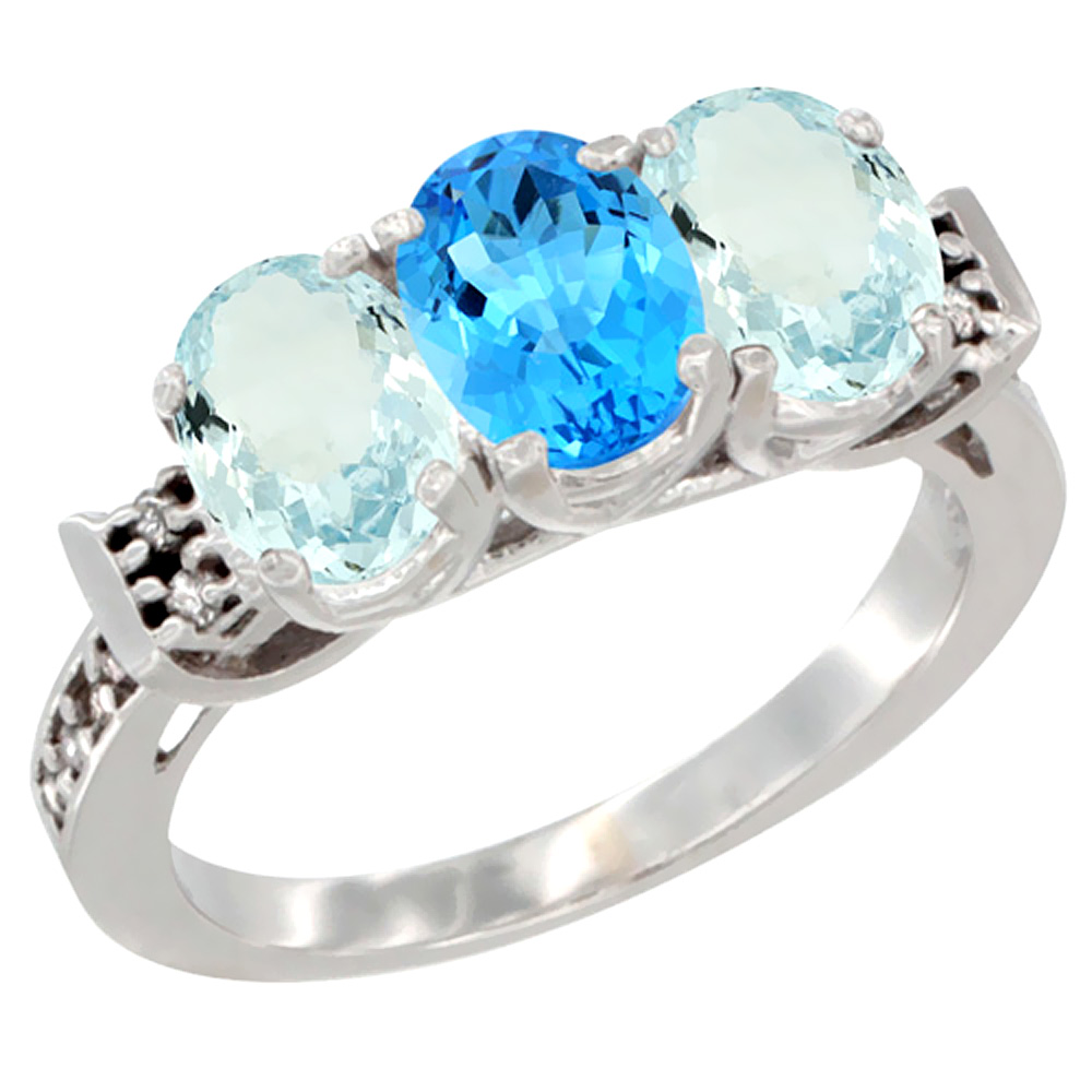 14K White Gold Natural Swiss Blue Topaz &amp; Aquamarine Sides Ring 3-Stone Oval 7x5 mm Diamond Accent, sizes 5 - 10