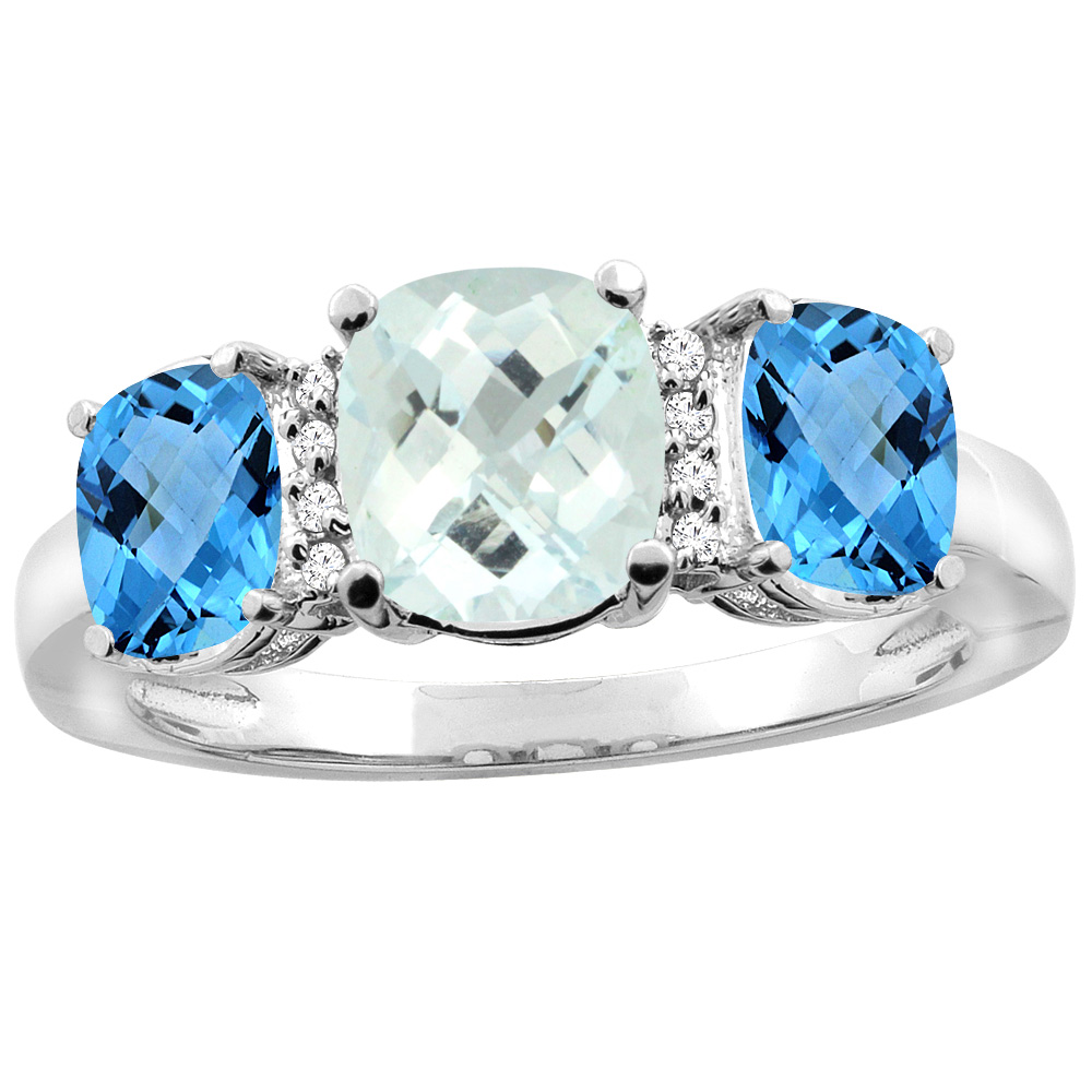 14K White Gold Natural Aquamarine & Swiss Blue Topaz 3-stone Ring Cushion 8x6mm Diamond Accent, sizes 5 - 10