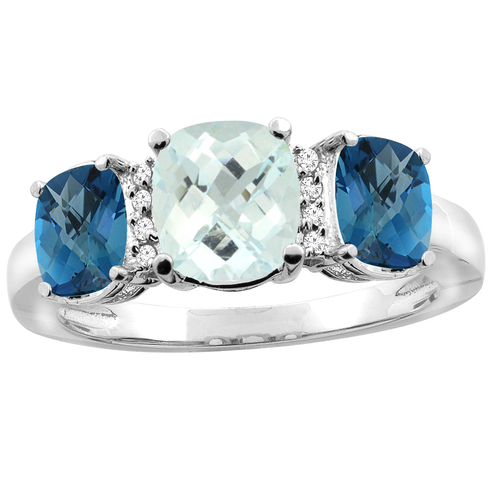 10K White Gold Natural Aquamarine & London Blue Topaz 3-stone Ring Cushion 8x6mm Diamond Accent, sizes 5 - 10