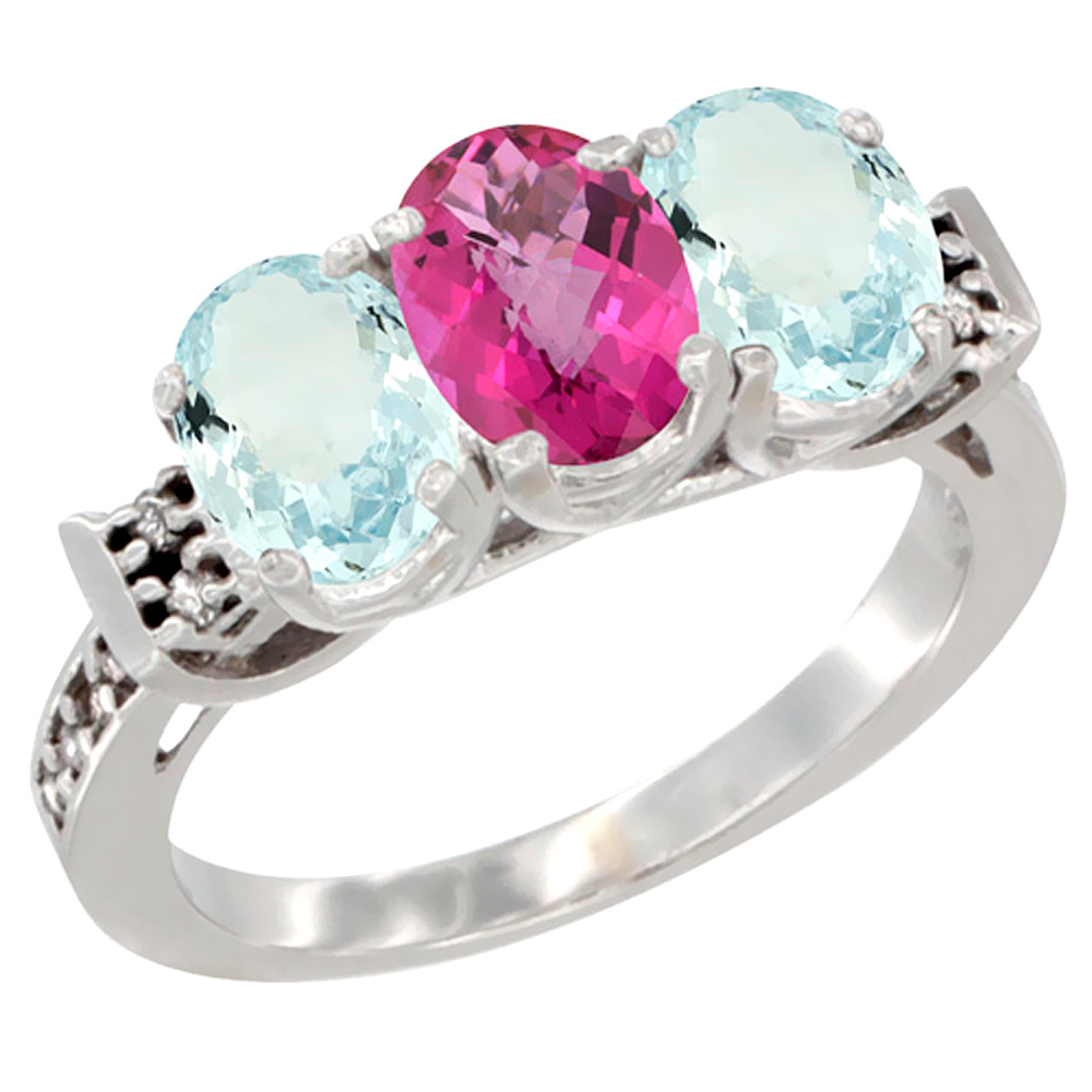 10K White Gold Natural Pink Topaz & Aquamarine Sides Ring 3-Stone Oval 7x5 mm Diamond Accent, sizes 5 - 10