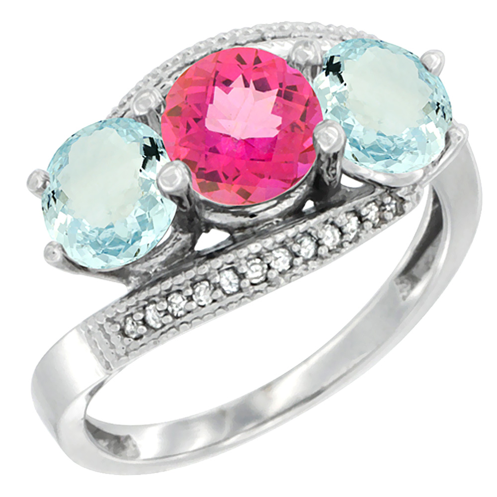 10K White Gold Natural Pink Topaz &amp; Aquamarine Sides 3 stone Ring Round 6mm Diamond Accent, sizes 5 - 10