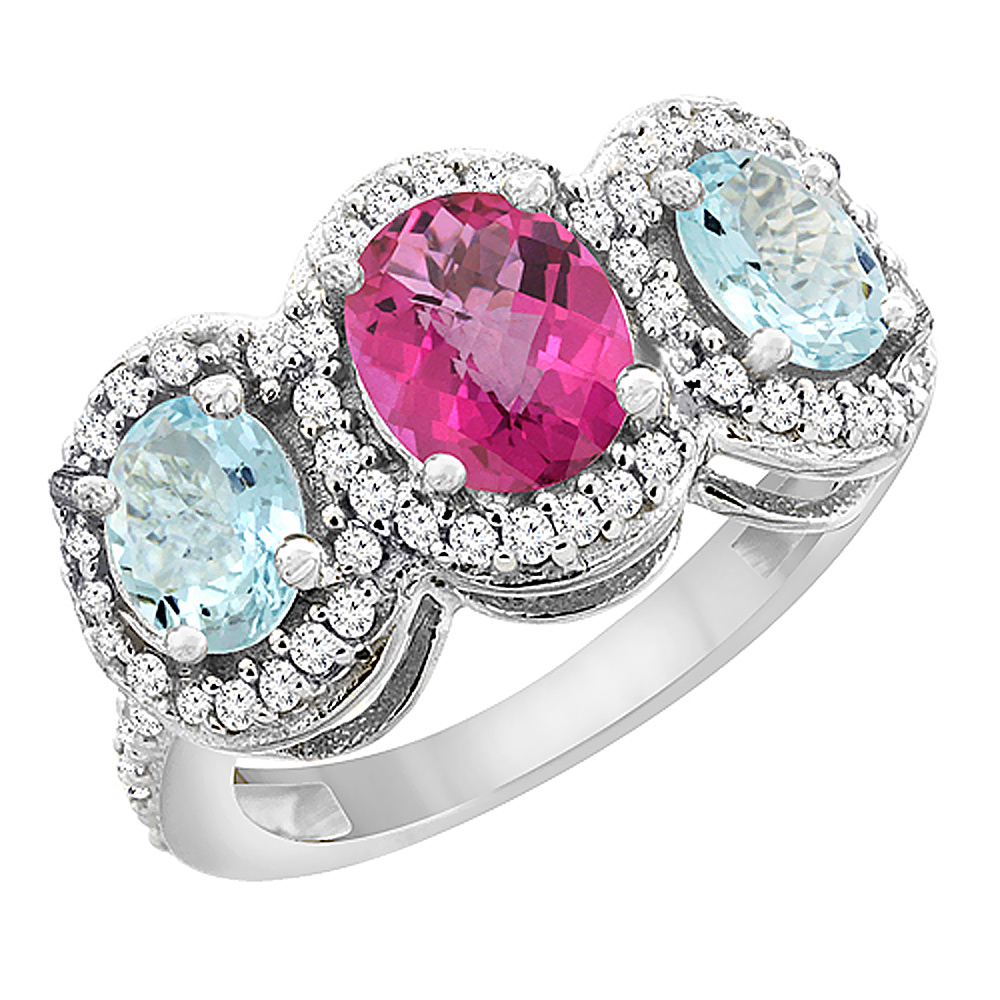 10K White Gold Natural Pink Sapphire &amp; Aquamarine 3-Stone Ring Oval Diamond Accent, sizes 5 - 10