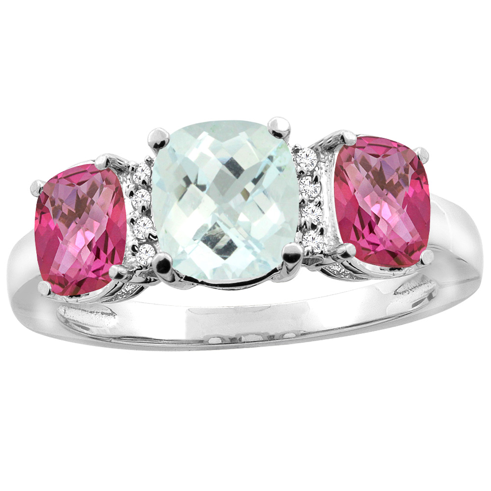 14K Yellow Gold Natural Aquamarine & Pink Topaz 3-stone Ring Cushion 8x6mm Diamond Accent, sizes 5 - 10