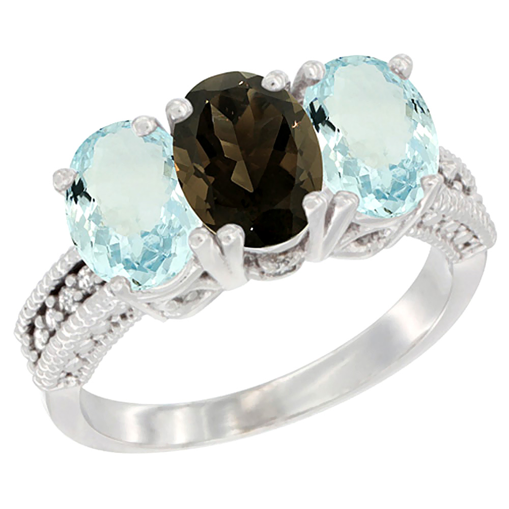 14K White Gold Natural Smoky Topaz & Aquamarine Sides Ring 3-Stone Oval 7x5 mm Diamond Accent, sizes 5 - 10