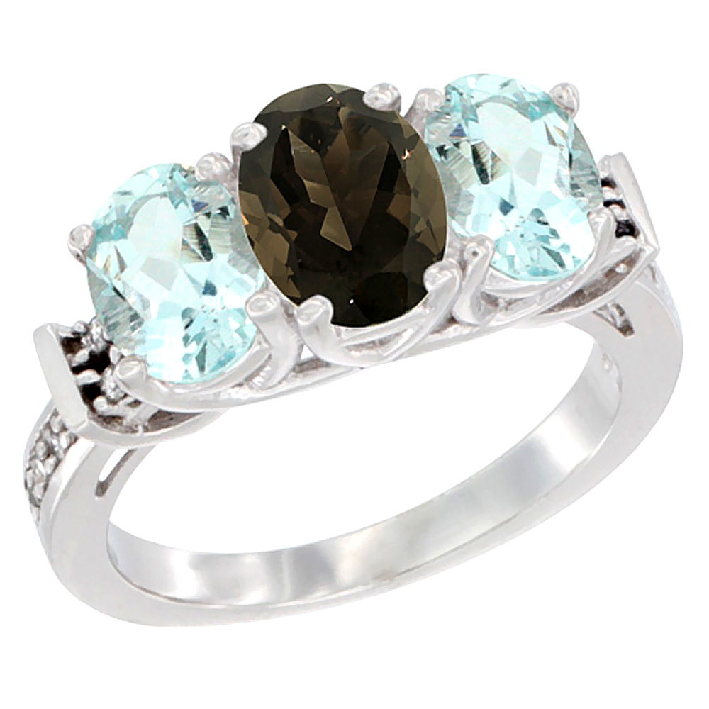 14K White Gold Natural Smoky Topaz &amp; Aquamarine Sides Ring 3-Stone Oval Diamond Accent, sizes 5 - 10