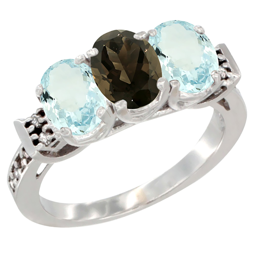 14K White Gold Natural Smoky Topaz & Aquamarine Sides Ring 3-Stone Oval 7x5 mm Diamond Accent, sizes 5 - 10