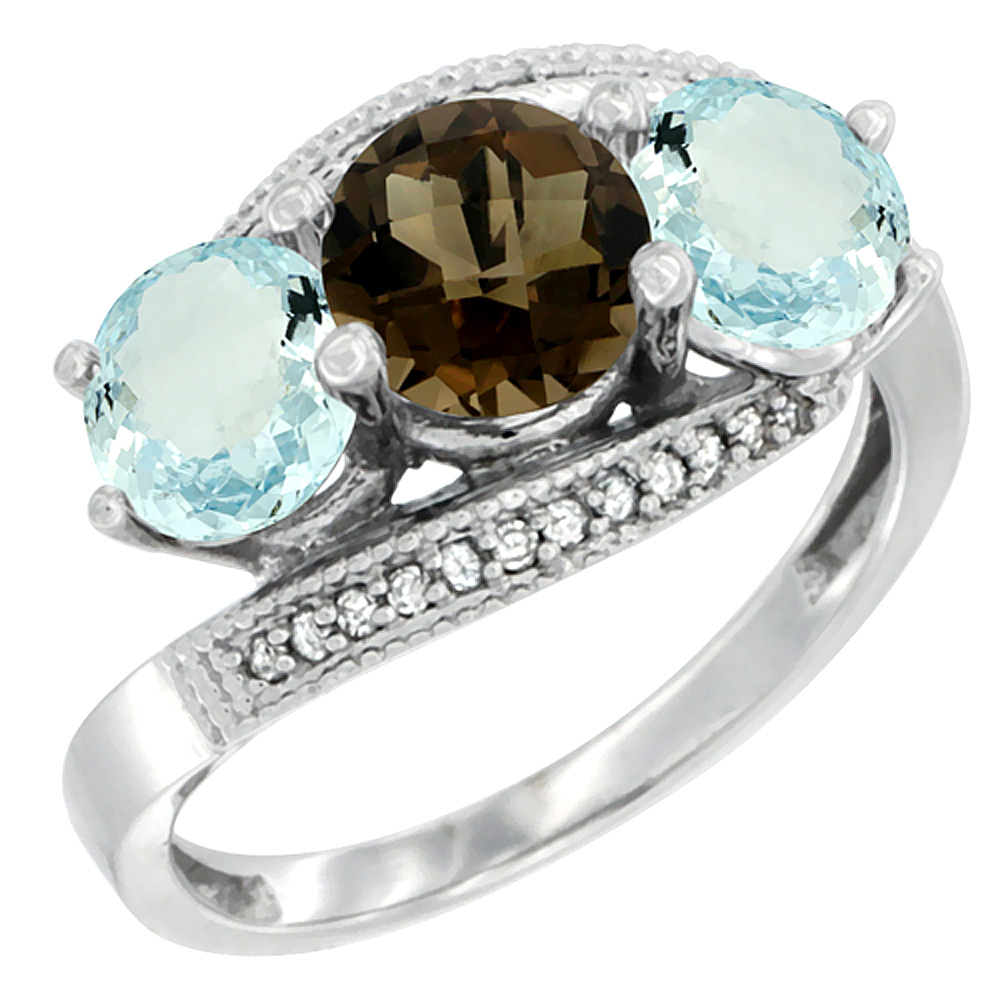 14K White Gold Natural Smoky Topaz &amp; Aquamarine Sides 3 stone Ring Round 6mm Diamond Accent, sizes 5 - 10