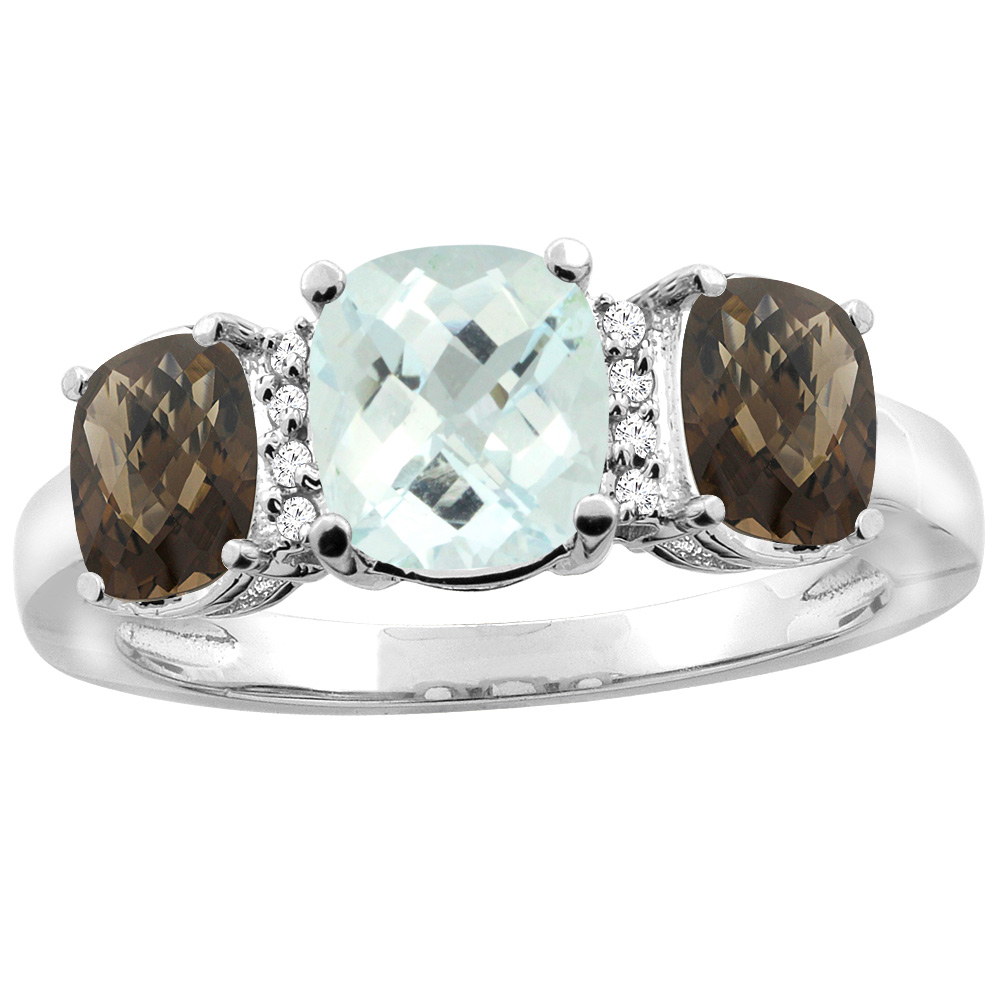 10K Yellow Gold Natural Aquamarine & Smoky Topaz 3-stone Ring Cushion 8x6mm Diamond Accent, sizes 5 - 10