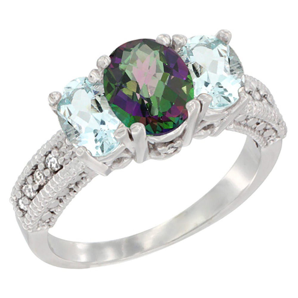 14K White Gold Diamond Natural Mystic Topaz Ring Oval 3-stone with Aquamarine, sizes 5 - 10