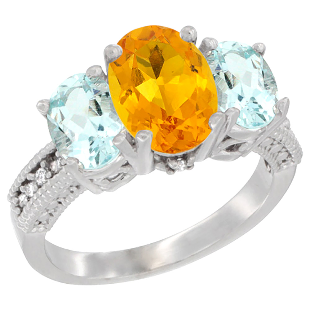 14K White Gold Diamond Natural Citrine Ring 3-Stone Oval 8x6mm with Aquamarine, sizes5-10