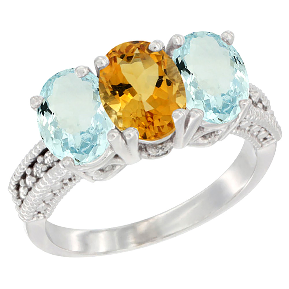 10K White Gold Natural Citrine & Aquamarine Sides Ring 3-Stone Oval 7x5 mm Diamond Accent, sizes 5 - 10