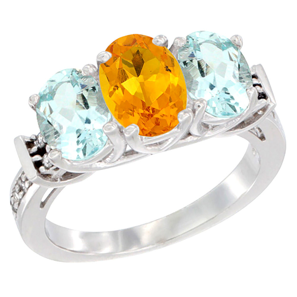 14K White Gold Natural Citrine &amp; Aquamarine Sides Ring 3-Stone Oval Diamond Accent, sizes 5 - 10