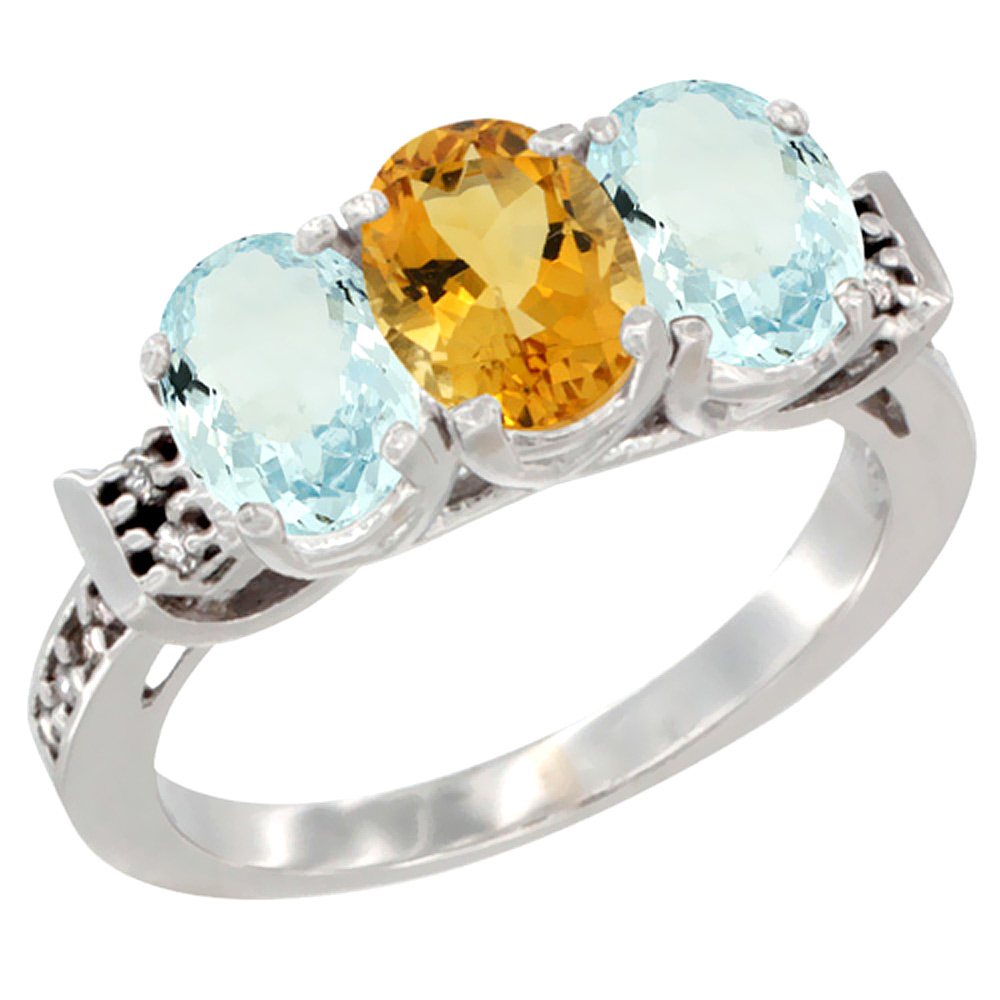 14K White Gold Natural Citrine &amp; Aquamarine Sides Ring 3-Stone Oval 7x5 mm Diamond Accent, sizes 5 - 10