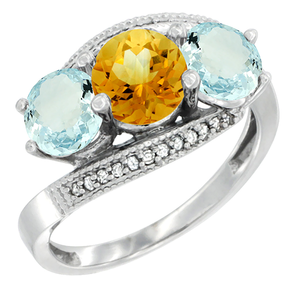 14K White Gold Natural Citrine &amp; Aquamarine Sides 3 stone Ring Round 6mm Diamond Accent, sizes 5 - 10