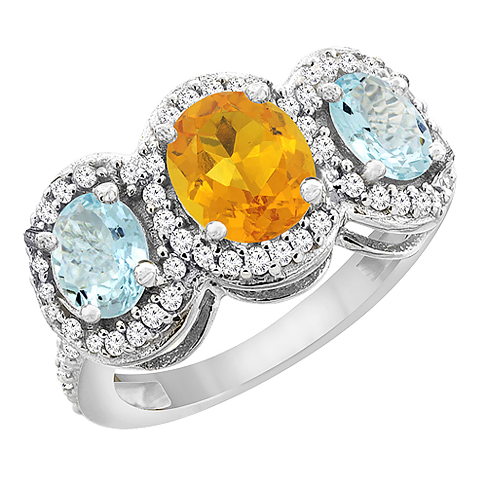 10K White Gold Natural Citrine & Aquamarine 3-Stone Ring Oval Diamond Accent, sizes 5 - 10