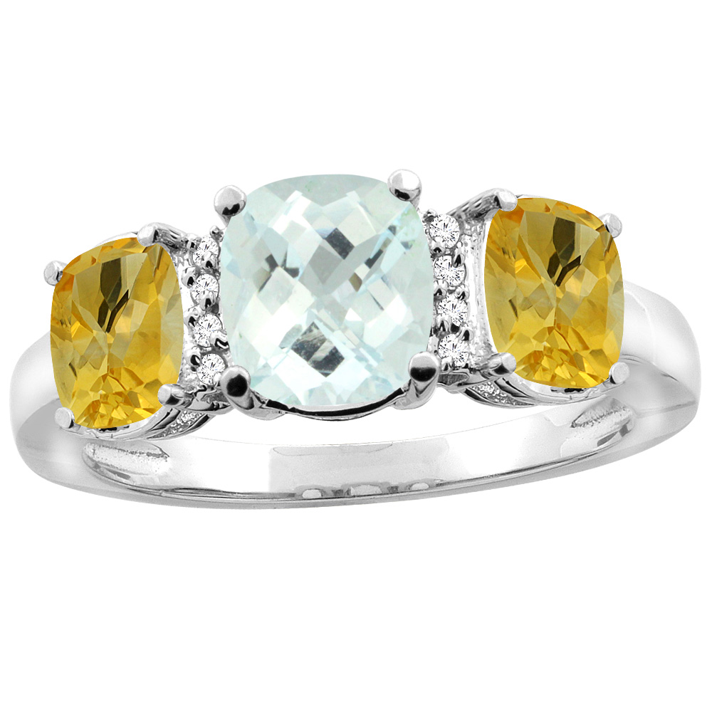 10K White Gold Natural Aquamarine & Citrine 3-stone Ring Cushion 8x6mm Diamond Accent, sizes 5 - 10