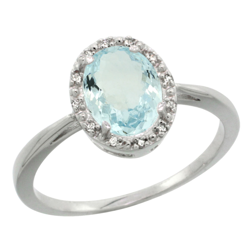 14K White Gold Natural Aquamarine Diamond Halo Ring Oval 8X6mm, sizes 5-10