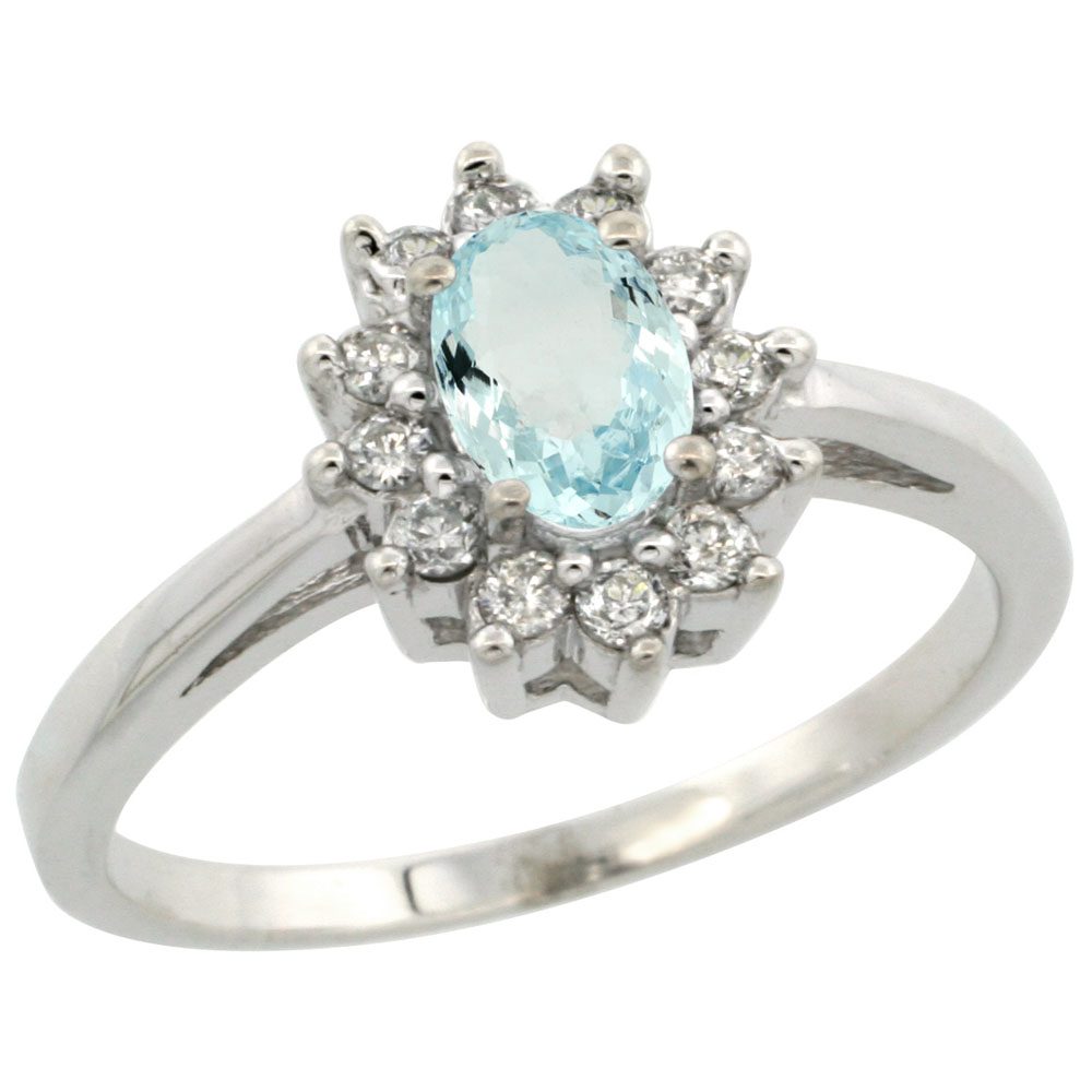 10K White Gold Natural Aquamarine Flower Diamond Halo Ring Oval 6x4 mm, sizes 5 10