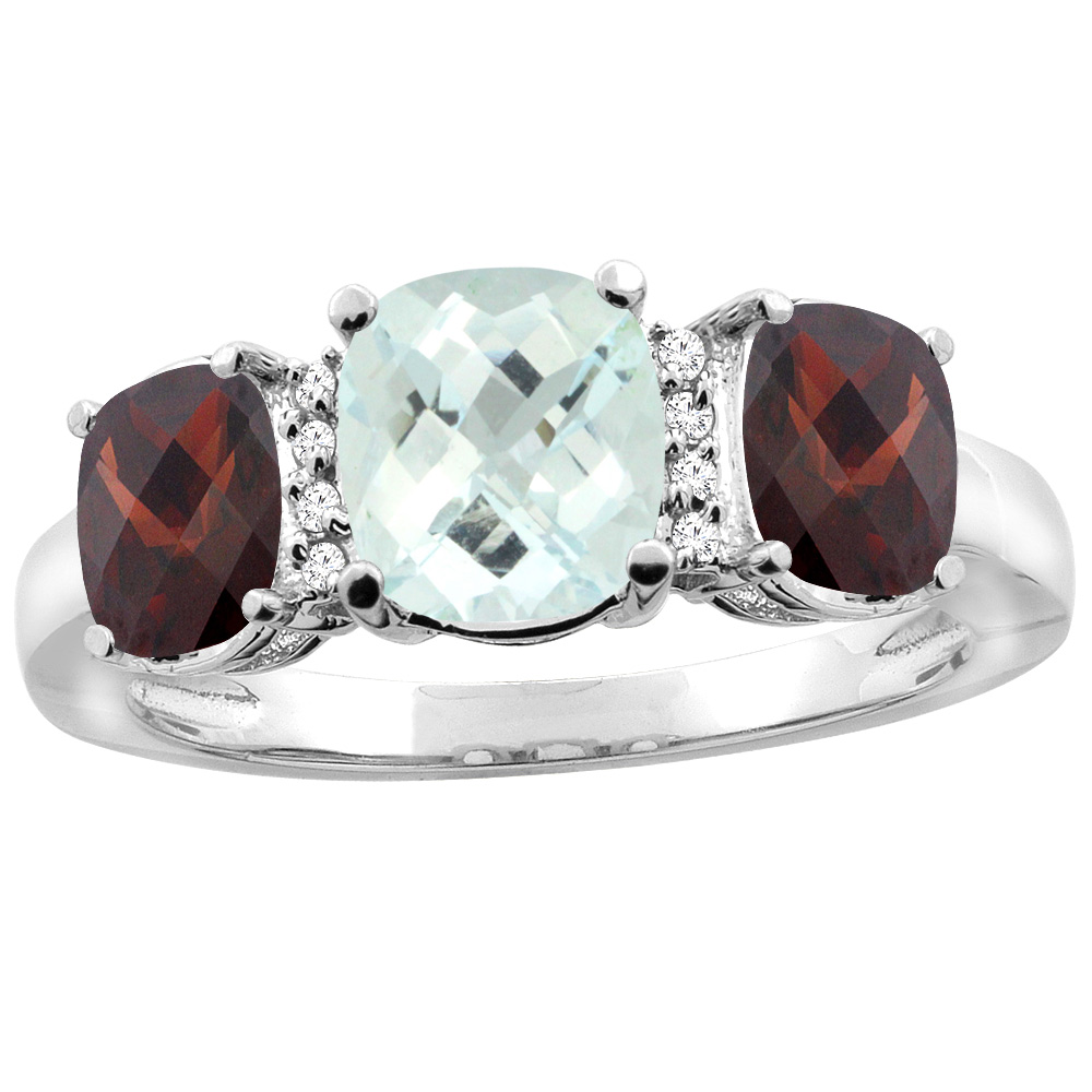 10K Yellow Gold Natural Aquamarine & Garnet 3-stone Ring Cushion 8x6mm Diamond Accent, sizes 5 - 10