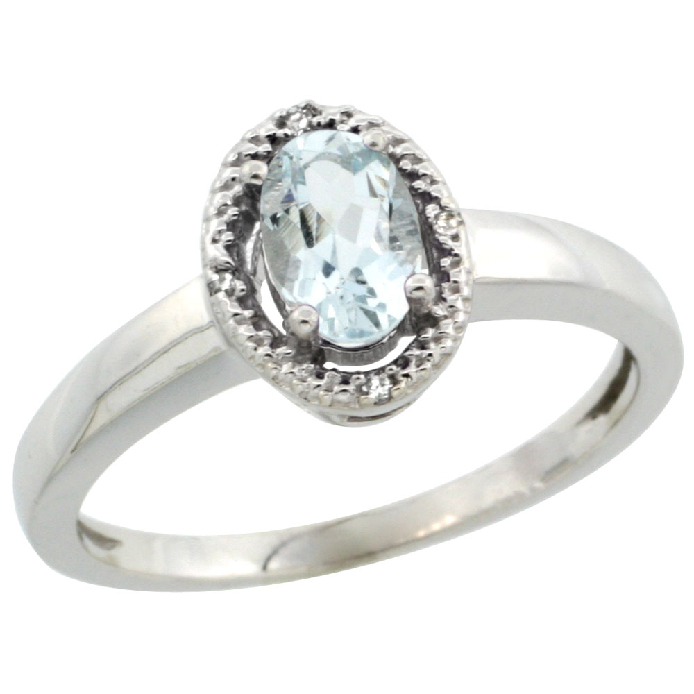 10K White Gold Diamond Halo Natural Aquamarine Engagement Ring Oval 6X4 mm, sizes 5-10