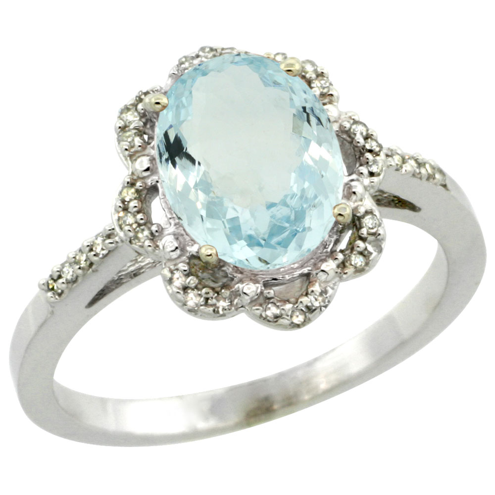 10K White Gold Diamond Halo Natural Aquamarine Engagement Ring Oval 9x7mm, sizes 5-10