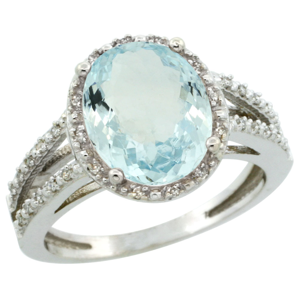 14K White Gold Natural Aquamarine Diamond Halo Ring Oval 11x9mm, sizes 5-10