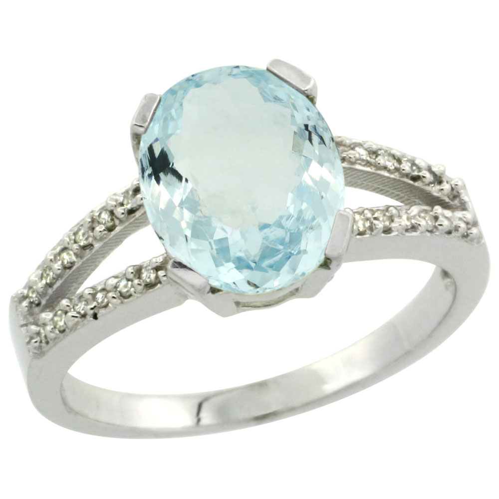 14K White Gold Diamond Natural Aquamarine Engagement Ring Oval 10x8mm, sizes 5-10