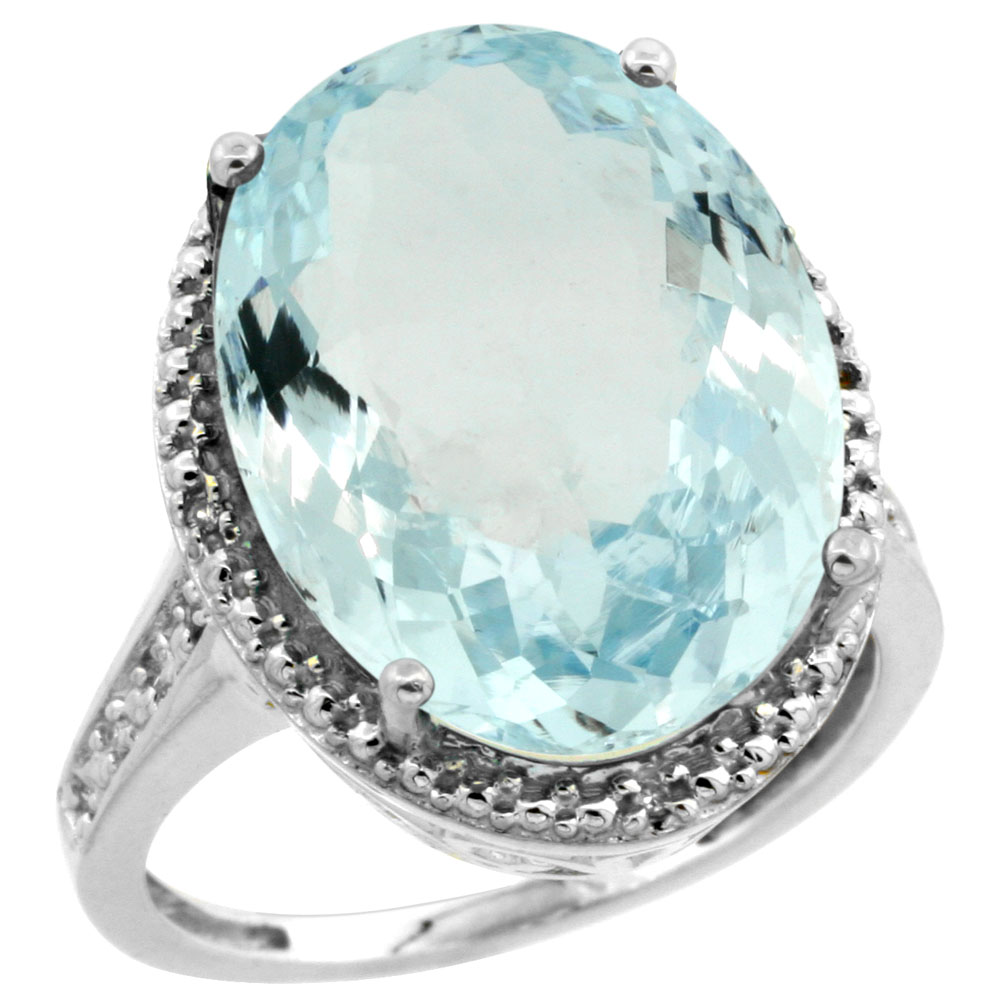 14K White Gold Diamond Natural Aquamarine Ring Oval 18x13mm, sizes 5-10