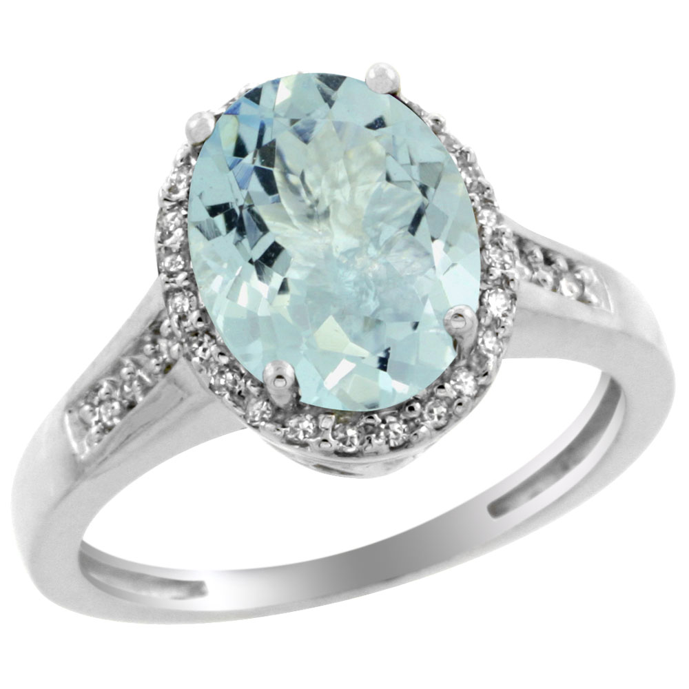 14K White Gold Diamond Natural Aquamarine Engagement Ring Oval 10x8mm, sizes 5-10