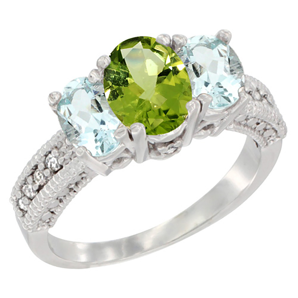 14K White Gold Diamond Natural Peridot Ring Oval 3-stone with Aquamarine Ring Oval 3-stone, sizes 5-10