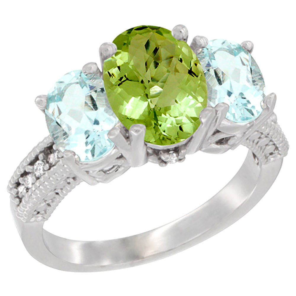 14K White Gold Diamond Natural Peridot Ring 3-Stone Oval 8x6mm with Aquamarine, sizes5-10