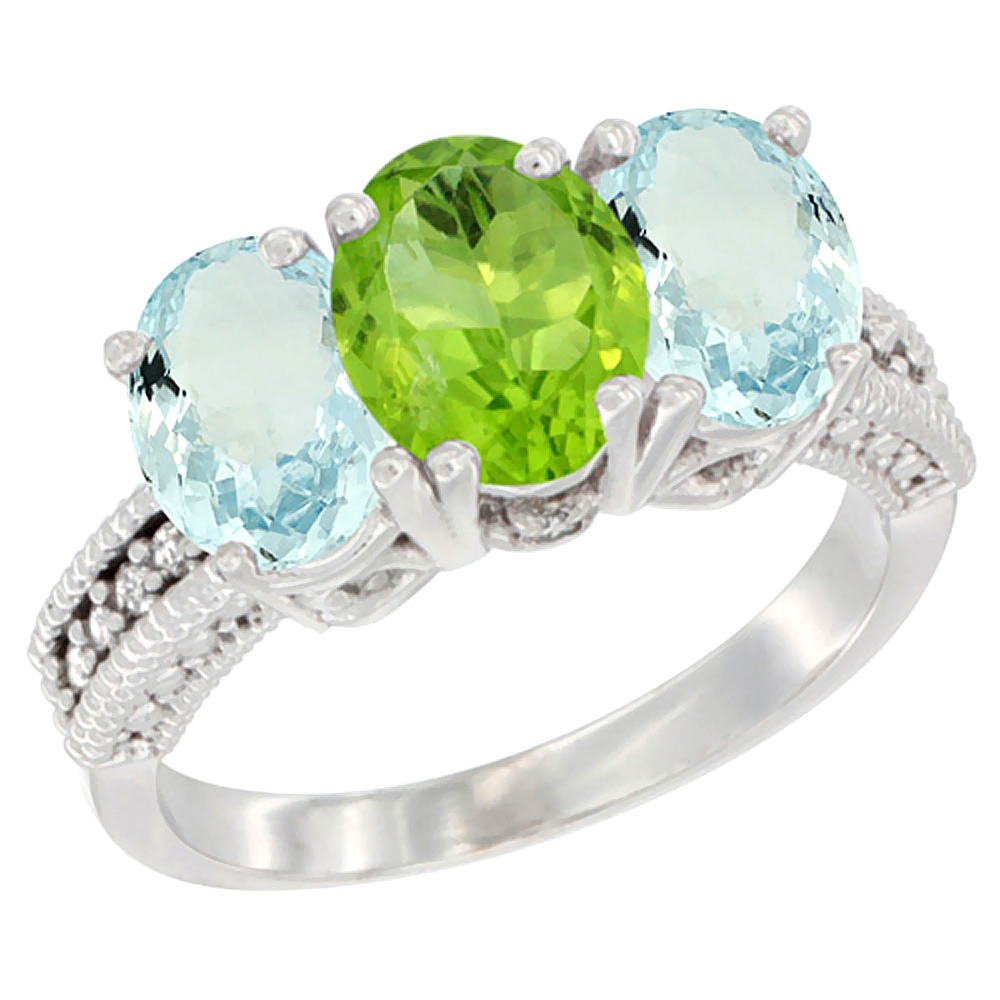 14K White Gold Natural Peridot &amp; Aquamarine Sides Ring 3-Stone Oval 7x5 mm Diamond Accent, sizes 5 - 10