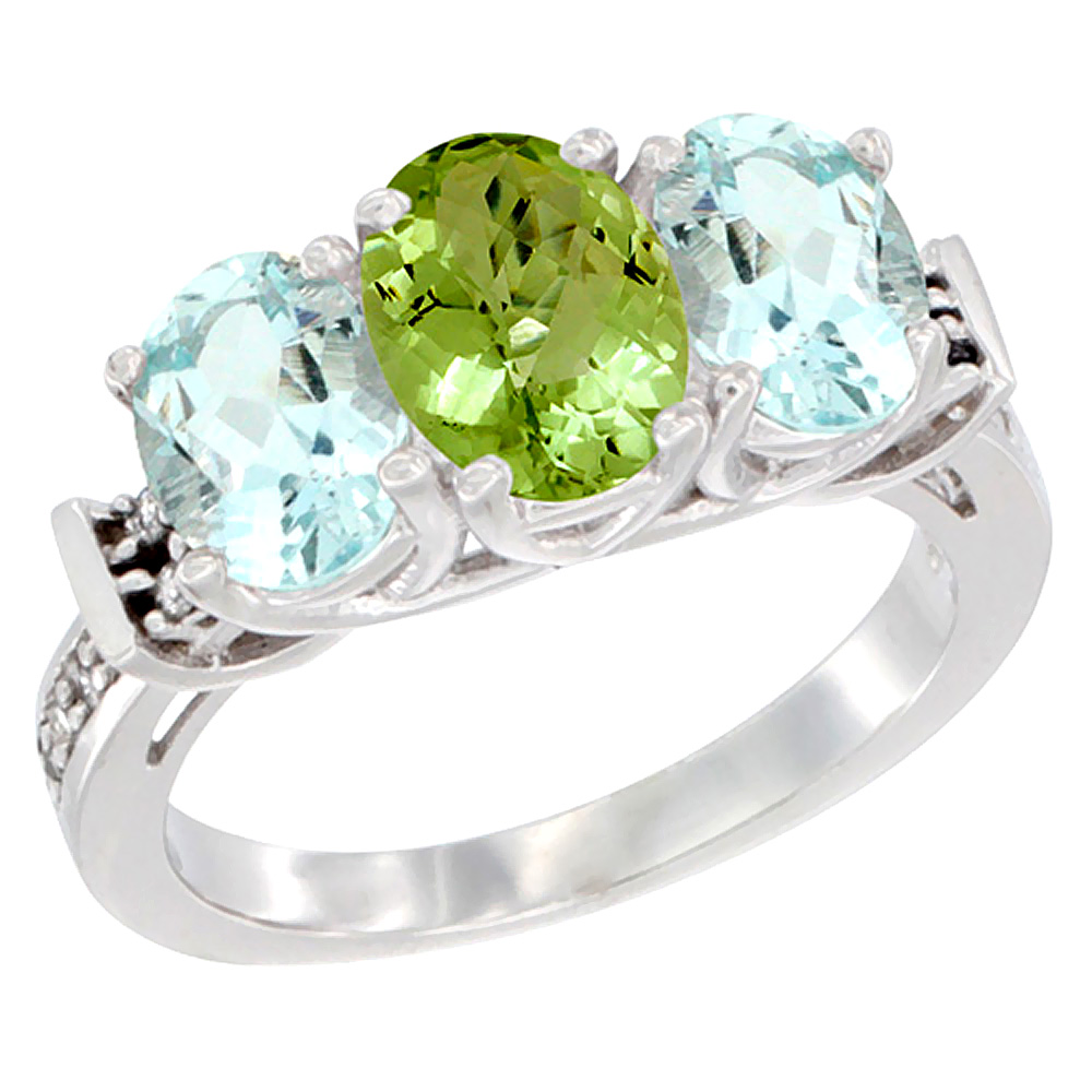 14K White Gold Natural Peridot & Aquamarine Sides Ring 3-Stone Oval Diamond Accent, sizes 5 - 10