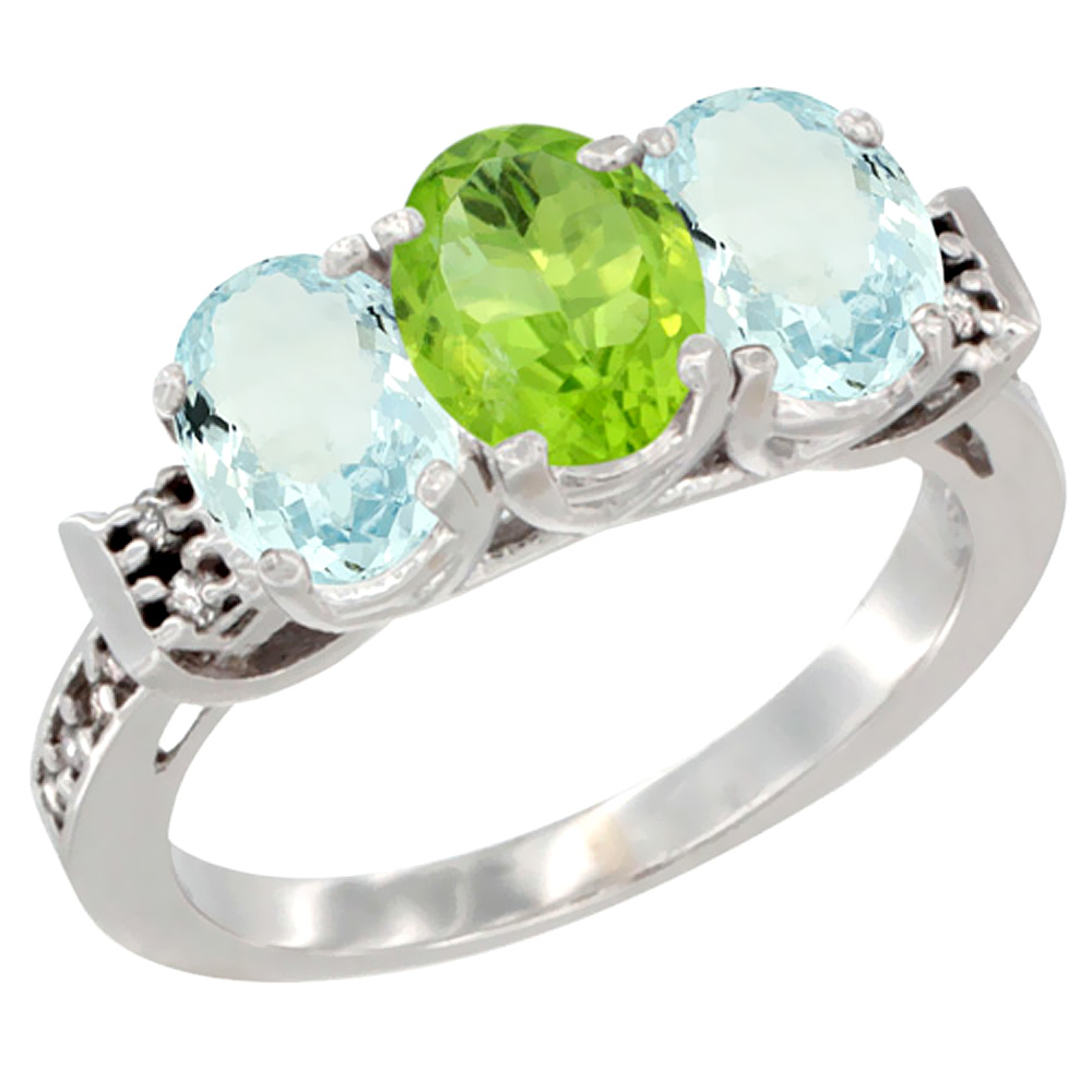 10K White Gold Natural Peridot & Aquamarine Sides Ring 3-Stone Oval 7x5 mm Diamond Accent, sizes 5 - 10