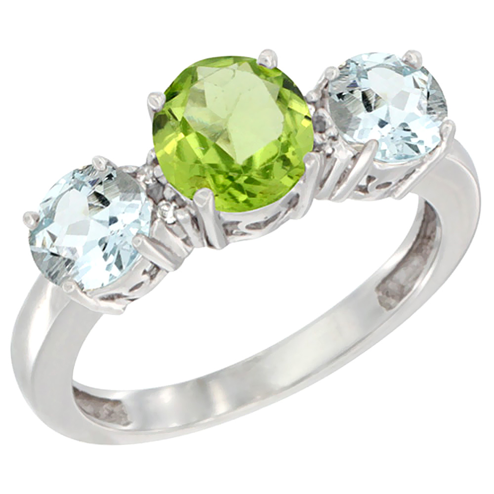 14K White Gold Round 3-Stone Natural Peridot Ring & Aquamarine Sides Diamond Accent, sizes 5 - 10