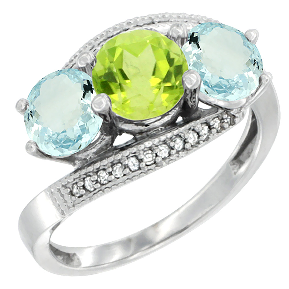 14K White Gold Natural Peridot &amp; Aquamarine Sides 3 stone Ring Round 6mm Diamond Accent, sizes 5 - 10