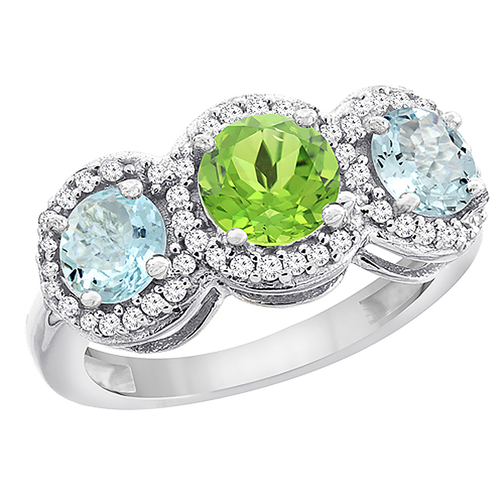 10K White Gold Natural Peridot & Aquamarine Sides Round 3-stone Ring Diamond Accents, sizes 5 - 10