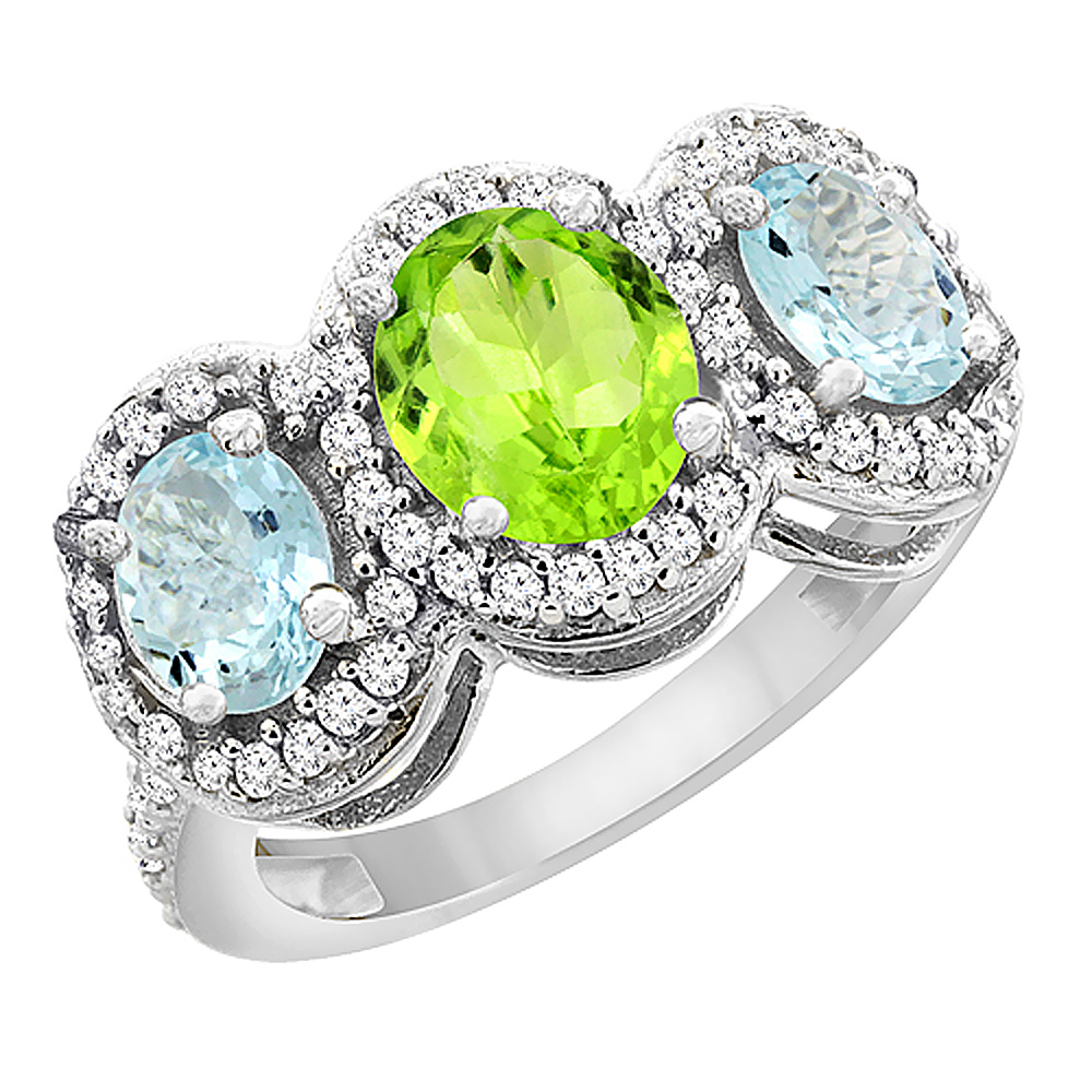 10K White Gold Natural Peridot & Aquamarine 3-Stone Ring Oval Diamond Accent, sizes 5 - 10